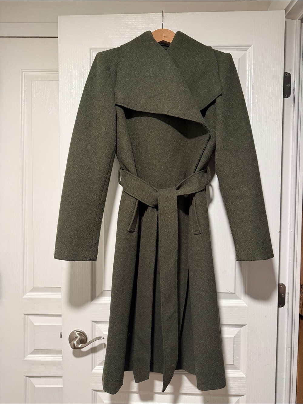 NOIZE Vegan Wool Belted Trench Coat in Khaki Green Size Medium